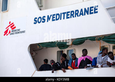 The Aquarius (SOS Mediterranee) ship arrived at the port of Palermo, Italy on October 13, 2017 carrying 606 migrants. Stock Photo