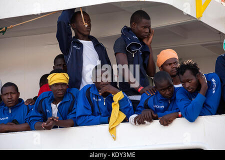 The Aquarius (SOS Mediterranee) ship arrived at the port of Palermo, Italy on October 13, 2017 carrying 606 migrants. Stock Photo