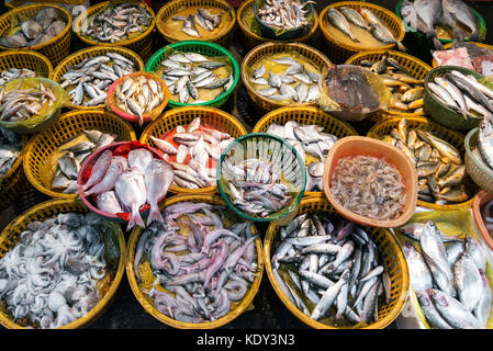 fresh fish and seafood market stall display in xiamen city china Stock Photo