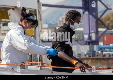 The Aquarius (SOS Mediterranee) ship arrived at the port of Palermo, Italy on October 13, 2017 carrying 606 migrants. Stock Photo