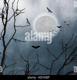Dark Full Moon In The Jungle with bats and dark sky vector background backdrop illustration or printing that can be applied for presentation Stock Vector