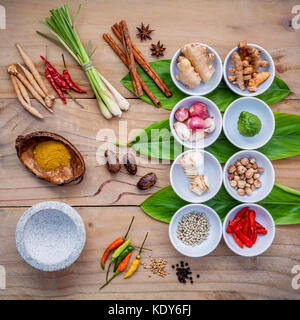 Various of thai food cooking ingredients for spice red curry paste ingredient of thai popular food on galanga leaf background. Spices ingredients chil Stock Photo