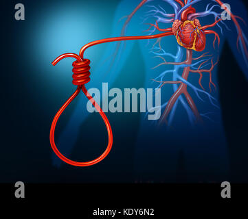 Heart attack concept and cardiac arrest or stroke symbol as a human artery shaped as a noose as a medical or medicine icon. Stock Photo