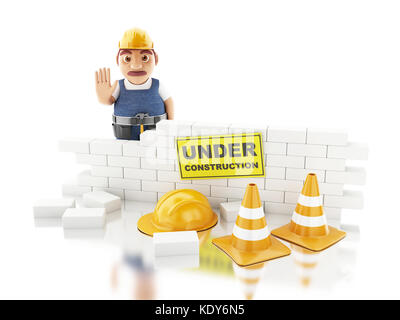 3d renderer illustration. Worker and brick wall. Under construction concept. Isolated white background Stock Photo