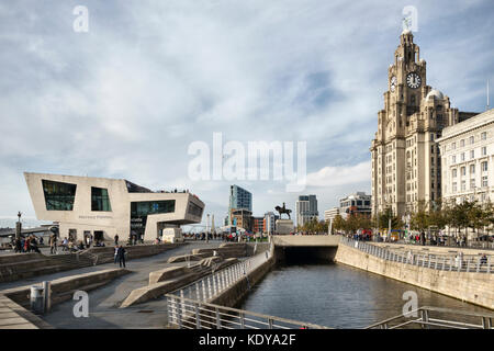 Pier Head, Liverpool, UK. The Ferry Terminal and the Royal Liver Building Stock Photo