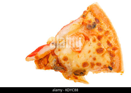 Delicious slice of pizza with seafood isolated on white Stock Photo