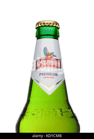 LONDON,UK - MARCH 23, 2017 : Bottle of Kingfisher beer on white background. Kingfisher is the Number one beer of India. Stock Photo