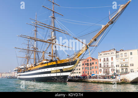 The Amerigo Vespucci, a full rigged tall ship used for training by the Italian navy, Marina Militare, docked in Castello, Venice, Italy with light sea Stock Photo