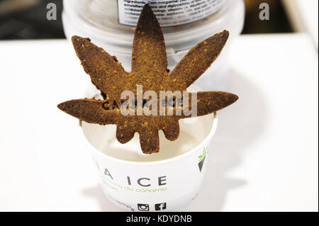 A marihuana-shaped biscuit advertising a hemp protein ice cream at Spannabis, a fair dedicated to the world of cannabis, Madrid Stock Photo