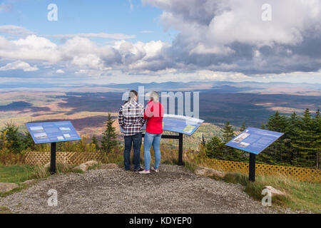 Two people standing at panoramic lookout on Saint Joseph Mount in Quebec / Canada, enjoying autumn colours Stock Photo