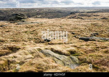 Moorland plateau and gritstone at Fairbrook Naze on Kinder Scout, Derbyshire, Peak District, England, UK Stock Photo