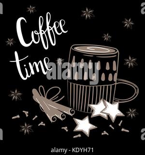 Doodles coffee set. Vector Illustration for breakfast. Coffee time text. Chalk coffee, cinnamon and carnation on black background Stock Vector