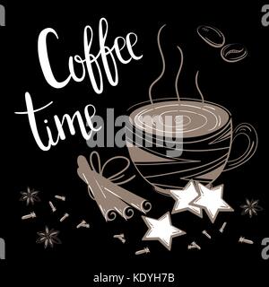 Doodles coffee set. Vector Illustration for breakfast. Coffee time text. Chalk coffee, cinnamon and carnation on black background Stock Vector