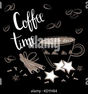 Doodles coffee set. Vector Illustration for breakfast. Coffee time text. Chalk coffee, cinnamon and carnation on black background Stock Vector