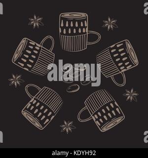 Coffee cups. Circle concept with coffee beans and cardamom. Coffee mug Stock Vector