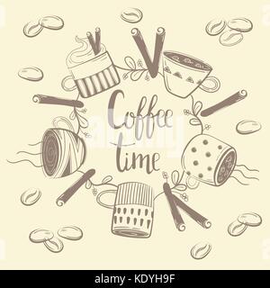 Coffee cups. Circle concept with coffee beans and cinnamon. Coffe time text Stock Vector