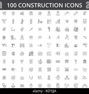 Construction, worker, renovation, interior design, building, equipment, home improvement, refurbishment, remodeling, restoration, renew line icons, signs. Illustration vector concept. Editable strokes Stock Vector