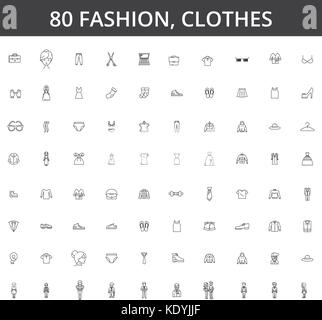 Fashion, style, clothing, clothes, female dress, men design, fashionable shirt, casual wear, wardrobe, lifestyle, sale, shop line icons, signs. Illustration vector concept. Editable strokes Stock Vector