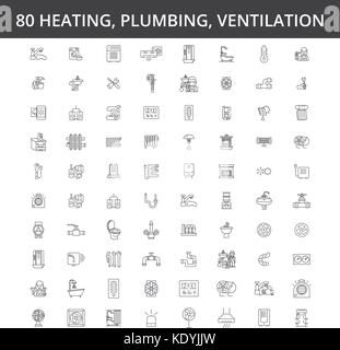 Hvac, heating, air conditioning, ventilation, plumbing service, boiler, home conditioner, engineering, radiator line icons, signs. Illustration vector concept. Editable strokes Stock Vector