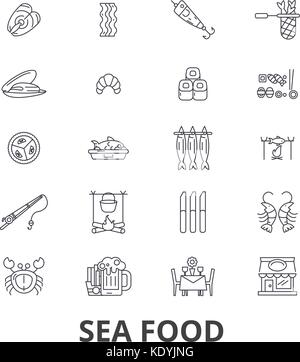 Sea food, fish, crab, lobster, prawns, salmon, restaurant line icons. Editable strokes. Flat design vector illustration symbol concept. Linear isolated signs Stock Vector