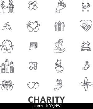 Charity, donation, volunteer, fundraising, philanthropy, helping hands line icons. Editable strokes. Flat design vector illustration symbol concept. Linear isolated signs Stock Vector