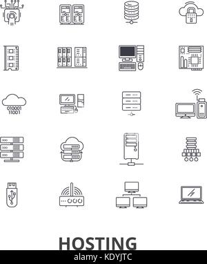 Hosting, hostess, web, server, cloud hosting, domain, computing, interne line icons. Editable strokes. Flat design vector illustration symbol concept. Linear isolated signs Stock Vector
