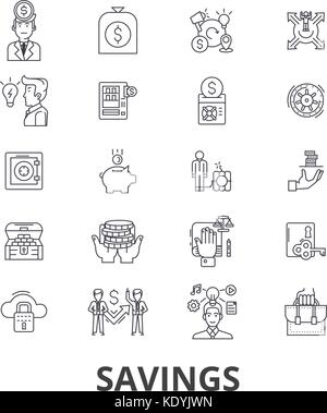 Savings, save money, piggy bank, money, sale, investment, discount, bank, coupon line icons. Editable strokes. Flat design vector illustration symbol concept. Linear isolated signs Stock Vector