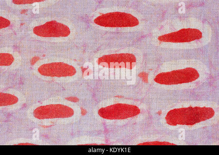 red dots hand dyed on cloth closeup background detail Stock Photo