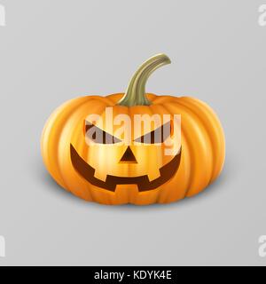 Realistic pumpkin head jack lantern icon closeup on gray background. Halloween Symbol. Design template, stock vector illustration, eps10. Stock Vector
