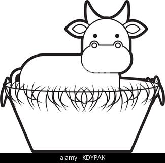 nativity cow in the wooden cradle manger Stock Vector