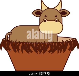 nativity cow in the wooden cradle manger Stock Vector