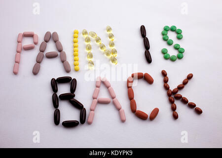 Conceptual Hand writing text caption inspiration Medical care Health concept written with pills drugs capsule word PAIN IS BACK season On white isolat Stock Photo