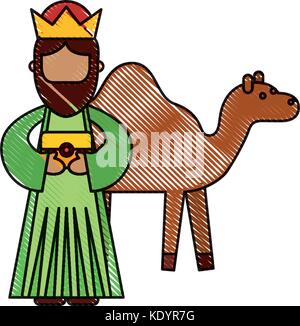 cartoon wise king with camel manger characters Stock Vector