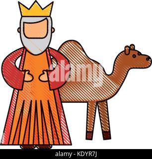 cartoon wise king with camel manger characters Stock Vector