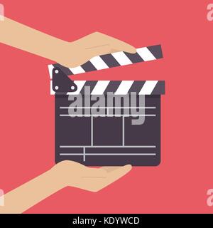 Hands holding movie clapper. Vector illustration Stock Vector