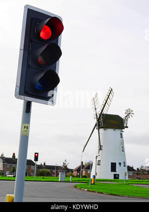 19th century Little Marton windmill and sets of traffic lights,Blackpool,Lancashire,U Stock Photo