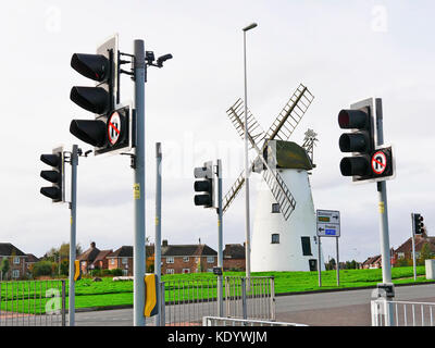 19th century Little Marton windmill set amongst modern day traffic lights,Blackpool,Lancashire,UK Stock Photo