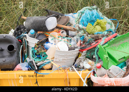plastic and other rubbish collected from Shetland Islands beach, Scotland, UK Stock Photo