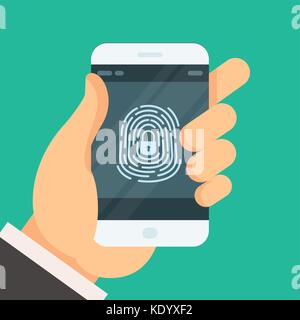 Mobile phone unlocked with fingerprint button - smartphone password authorization Stock Vector