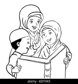 Cartoon Muslim Mother with son and daughter read book, Kids read book, For Happy Muslim family -Vector Illustration Stock Vector