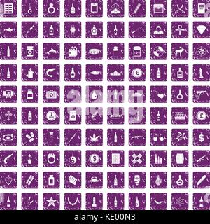 100 smuggling goods icons set grunge purple Stock Vector