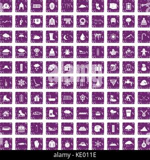 100 snow icons set grunge purple Stock Vector