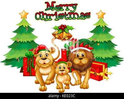Christmas theme with lions and trees illustration Stock Vector