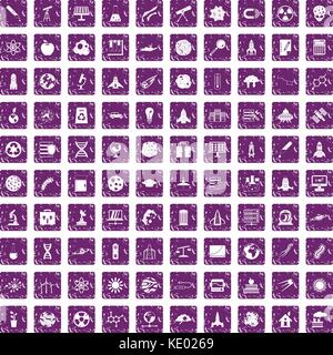 100 space icons set grunge purple Stock Vector