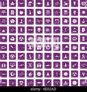 100 space technology icons set grunge purple Stock Vector