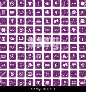 100 sport icons set grunge purple Stock Vector