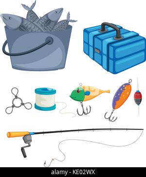 Fish in bucket and fishing set illustration Stock Vector