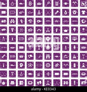 100 sport journalist icons set grunge purple Stock Vector