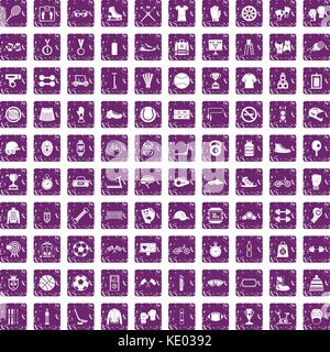 100 sport accessories icons set grunge purple Stock Vector