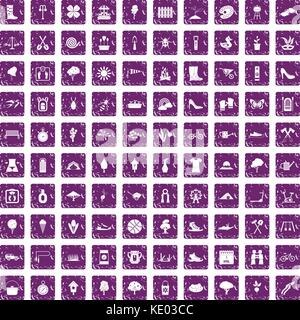100 spring icons set grunge purple Stock Vector